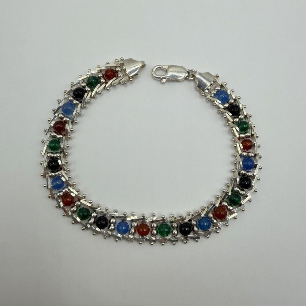 Milor Italy 925 Sterling Silver Multicolor Gemstone Bead Bracelet 8.5" 12.8g